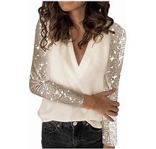 Ichuanyi Fashion Womens V Neck Sequins Shirts Long Sleeve T-Shirt Casual Loose Tops Fall Winter Clothing 2023