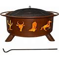 Western Cowboy 29 in. X 18 in. Round Steel Wood Burning Fire Pit In Rust With Grill Poker Spark Screen And Cover