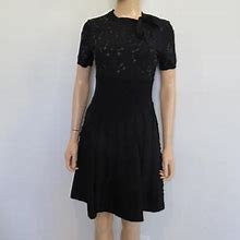 Valentino Black Floral Beaded Jersey Knit Short Sleeve Dress Size M