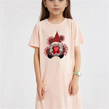 Sweet Gnome & Heart Graphic Short Sleeve Dress, Girls Comfy Loose Fit Crew Neck Dress Summer Clothes Gift Valentine's Day Handpicked,Temu
