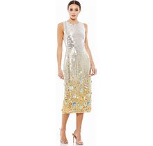 MAC DUGGAL Metallic Ombré Floral Embellished Sleeveless Midi Dress Silver Multi