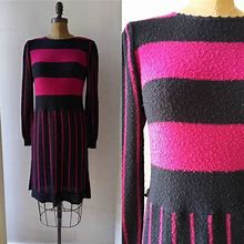 Vintage 1980'S Wyndcliff Sweater Dress / Eighties Hot Pink And Black Striped Dress / Medium