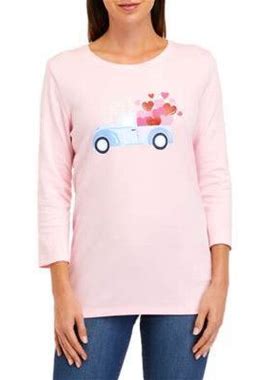 Kim Rogers Women's Petite Perfectly Soft 3/4 Sleeve Crew Neck T-Shirt, Pink, Pxl, Cotton