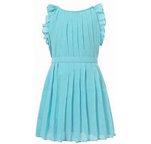 Little Girls Blue Belt Pleated Special Occasion Dress 3/4