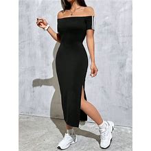 Summer Casual Black Knit Bodycon One Shoulder Slit Maxi Dress,XS