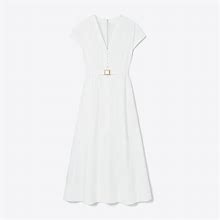 Tory Burch Women's Waisted V-Neck Poplin Dress In White, Size 10