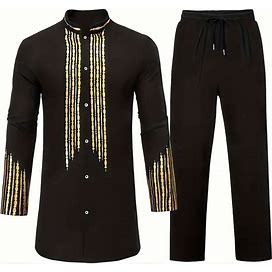 Men's Long Sleeve Metallic Golden Print Dashiki Shirt Traditional African Clothes,Black,Must-Have,Temu