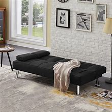 Modern Convertible Folding Futon Sofa Bed With Cup Holders - Black