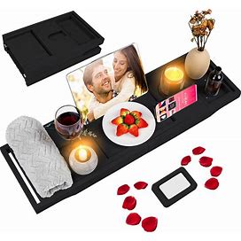 Foldable Bathtub Caddy Tray, Bamboo Bath Tub Tray Table For Tub With Wine Glass Holder Book Phone Tablet Holder With Extending Sides, Adjustable