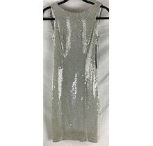 Newport News Dress Size 4 Silver Sequin Sheath Scoop Draped Sleeveless