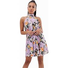 Asos Dresses | Asos Design Size 2 Petite Floral Backless Halter Pleated Mini Dress (Multicolor) | Color: Orange/Purple | Size: 2