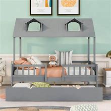 URTR Kids House Bed Full Size Twin Trundle Easy-To-Assemble Solid Wood Gray