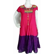 Womens Boho Pink Floral Dress Embroidered Ethnic Colorblock Maxi Xs