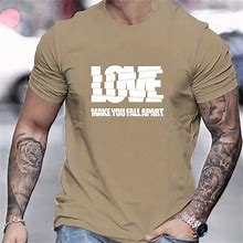 "LOVE" Pattern Print Men's Comfy T-Shirt, Graphic Tee Men's Summer Outdoor Clothes, Men's Clothing, Tops For Men,Khaki,User-Friendly,Temu