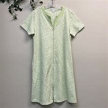 Charter Club Intimates & Sleepwear | Charter Club //Women M Chartreuse White Floral House Dress Zip Pockets Vntg Look | Color: Green/White | Size: M