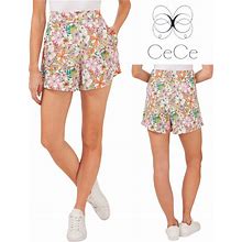 Cece Shorts | Nwt Cece Retro Floral Print High Waisted Pleat Front Shorts Us6 | Color: Orange/Pink | Size: 6