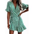 Clearance-Sale Summer Dresses For Women 2023 Short Sleeve Printing Floral Pattern Lace Dress V-Neck Ruffle Midi Fit And Flare Fashion Trendy Elegant P