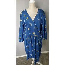 Old Navy Daisy Wrap Dress Womens 2X Plus Blue & Yellow Floral 100%
