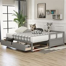 Twin/King Wooden Daybed With Trundle Bed Frame And 2 Storage Drawers , Extendable Bed Daybed For Bedroom Living Room - Gray