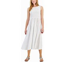 Tommy Hilfiger Women's Solid-Color Smocked Sleeveless Dress - Brt White - Size L