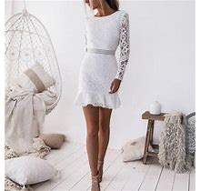 Women Lace Dress Fashion White Ruffles High Waist Ladies Long Sleeves Dress Casual Party Dresses Bodycon Backless Ladies Short Dress