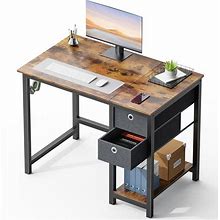 40 in. Rectangular Rust Wood Computer Desk With 2-Tier Drawers Storage Shelf And Side Headphone Hook For Small Spaces