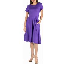24Seven Comfort Apparel Midi Dress With Short Sleeves And Pocket Detail - Wine - Size M