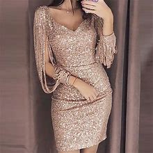 Summer Dress For Women Women Sexy Solid Sequined Stitching Shining Club Sheath Long Sleeved Mini Dress Dresses Polyester Khaki S