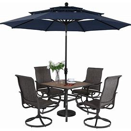 5/6-Piece Black Steel Patio Dining Set - With Navy Umbrella