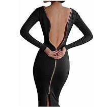 Gzea Petite Dresses For Women Women's Zipper Wrap Dress Long Sleeve V Neck Slit Hem Drape Front Midi Dress Black,M