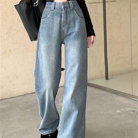 High Waist Solid Color Pocket Washed Baggy Jeans, Women's Denim Loose Slant Pocket Streetwear Clothing Wide Leg Jeans Women's,Blue,Reliable,Temu