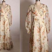 Vintage Dresses | 1970S Cream Brown Tan Floral Long Sleeve Dress | Color: Cream/Tan | Size: S