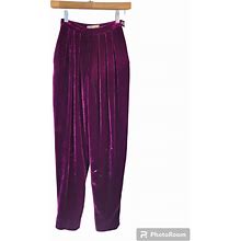80S Purple Velvet Pants. High Waisted Tapered Trousers With Pleated Front. Silk And Rayon By Liz Claiborne Petites. Extra Small, 22" Waist.
