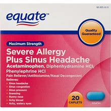Equate Maximum Strength Severe Allergy Plus Sinus Headache Caplets, 20 Count, Size: 20 Caplets, Other