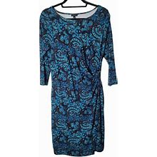 Talbots Blue Navy Paisley Faux Wrap Ruched 3/4 Sleeve Dress Size