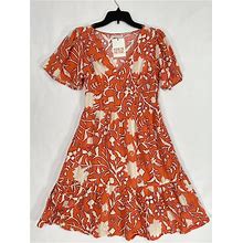 Knox Rose A-Line Dress Womens XS Flutter-Sleeves Smocked Waist Orange Floral