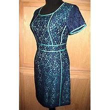 Cynthia Rowley Navy Lace W/Green Contrast Sheath Dress - Msrp $119