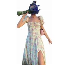 Beqeuewll Women Puff Sleeve Floral Maxi Dress Square Neck Summer Dress Beach Party Split Long Dress