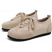Women's Breathable Canvas Shoes, Women's Low Top Classic Slip-On, Lace Up Fashion Tennis Sneaker Casual Walking Shoes (Khaki,US-8.5)