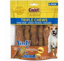 Cadet Gourmet Triple Chews Pork Hide, Sweet Potato, & Chicken Dog Treats - Healthy Dog Treats For Small & Large Dogs - Inspected & Tested In USA (6