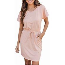 Hot6sl Dresses For Women, Women's Fashion Casual Pullover Round-Neck Solid Color Splicing Short Sleeve Lace-Up Dress Hot8sl4880926
