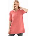 Plus Size Women's Elbow Short-Sleeve Polo Tunic By Woman Within In Sweet Coral (Size 6X) Polo Shirt