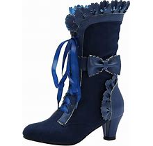 Lanreytaley Women Sweet Bow Boots Mid Heels Lace Up Victorian Boots Mid Calf Kawaii Boot