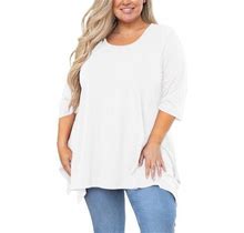 Showmall Plus Size Tops For Women Tunic 3/4 Sleeve Clothes White 1X Blouse Swing Tunic Clothing Side Split Crewneck Flowy Shirt For Leggings