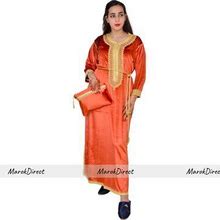 Kaftan Maxi Dress For Women, Handmade Scarlet Orange Embroidered Kaftan Dress, Women's Moroccan Long Caftan, 3/4 Sleeves, Size Fits M To XL