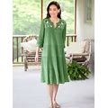 Women's Embroidered Leaves Crinkle Cotton Tiered Dress - Green - Medium - The Vermont Country Store
