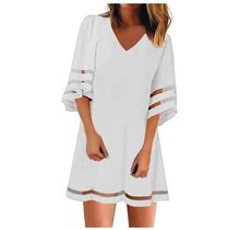 Women Casual Crewneck Mesh Patchwork 3/4 Bell Sleeve Loose A-Line Tunic Dress Midi Dresses For Women Casual Summer