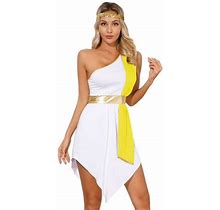 Yeahdor Womens Halloween Roman Princess Cosplay Costume One Shoulder Sleeveless Dress With Headband Yellow L