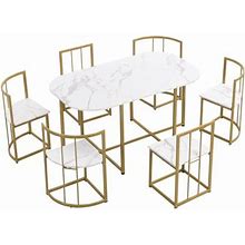 7-Piece Dining Table Set With 6 Chairs, Modern Faux Marble Compact 55Inch Kitchen Table Set For 6, Iron Frame Dining Table Set For Dining Room (Golden
