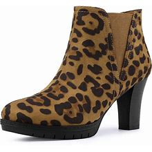 Allegra K Women's Round Toe Block Heels Chelsea Ankle Boots Leopard 7